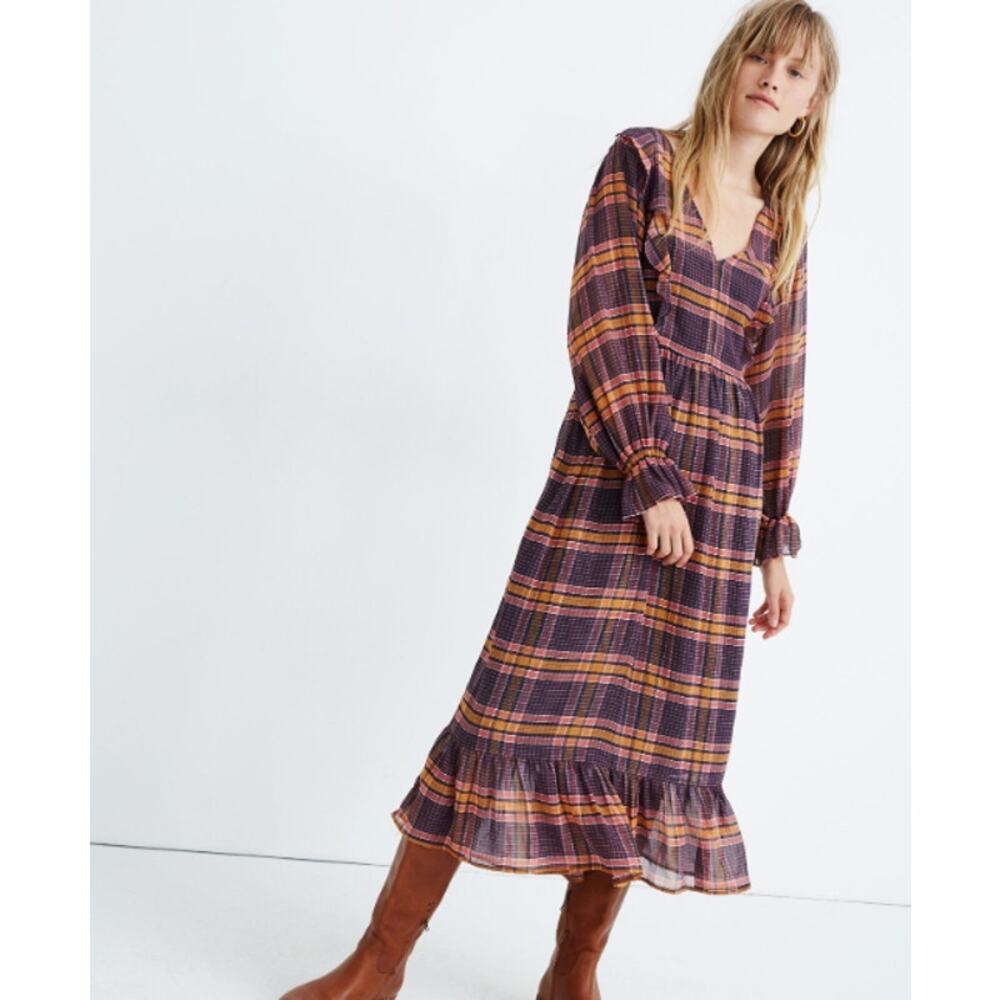 Madewell Sheer Plaid Full-Sleeve Ruffle Dress Grunge Size‎ 6